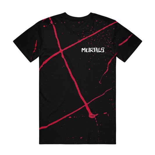 A Murals Heavy Cotton black T-shirt with red abstract splatter and diagonal streaks, featuring the Murals logo embroidered and MURALS printed in white on the upper left chest.