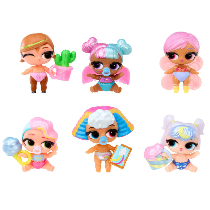 All six LOL Surprise Bubbly Surprise Baby Sisters with pastel colors, before color change on what background