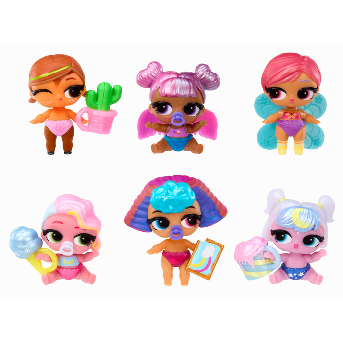 Set of colorful toy figurines with various hairstyles and accessories on a white background