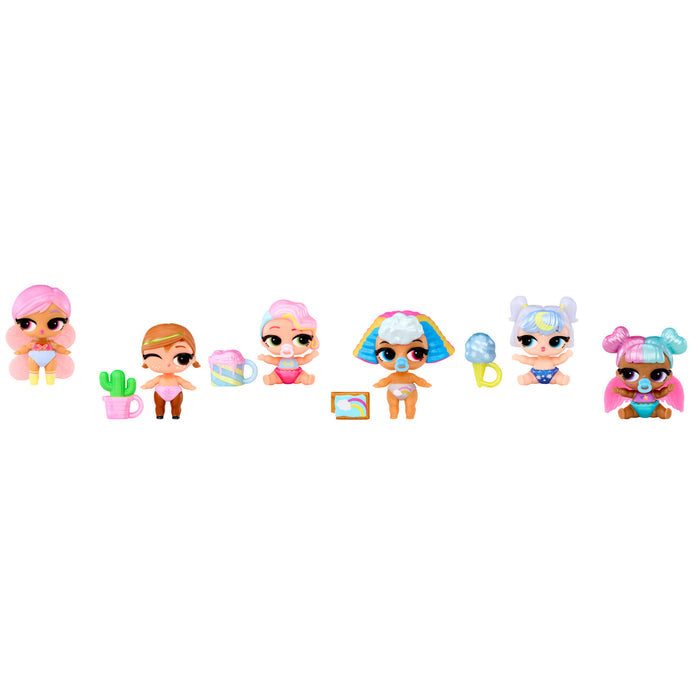 Six LOL Surprise Bubbly Surprise Baby Sisters with pastel colors on what background
