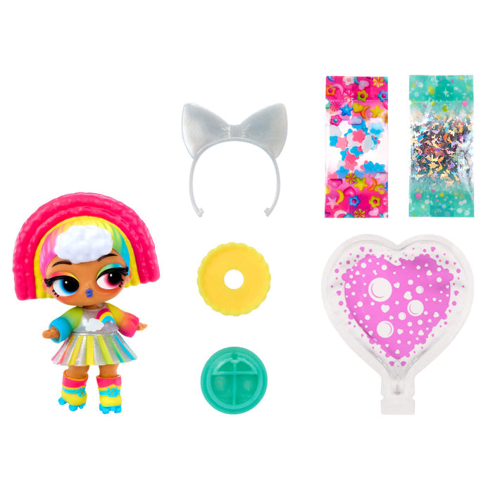 Colorful toy figure with accessories on a white background