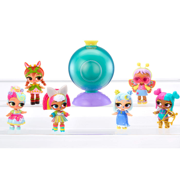 Six colorful tots with a central spherical object on a white background