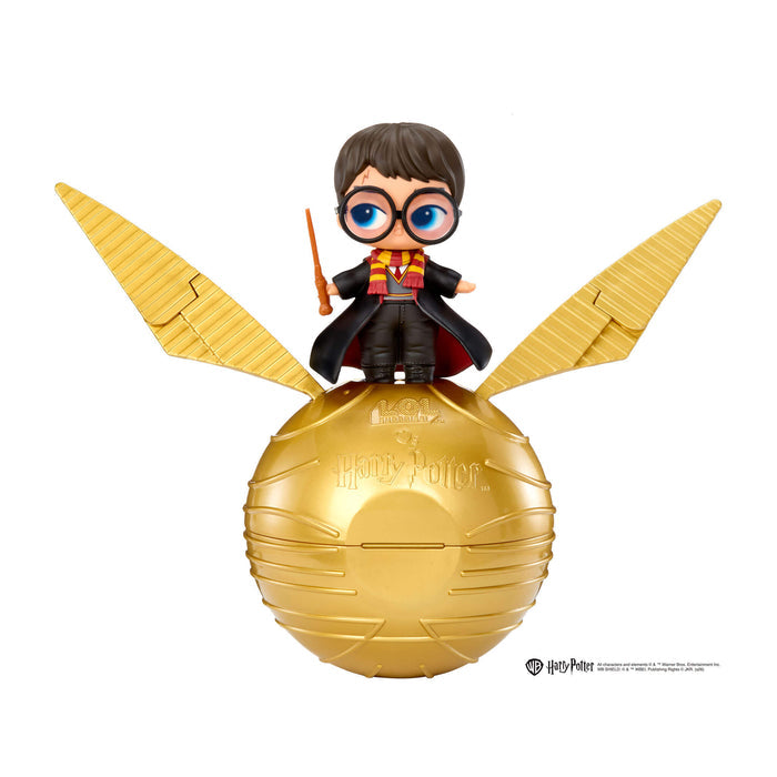 Harry Potter-themed toy figure on a golden ball with wings on a white background
