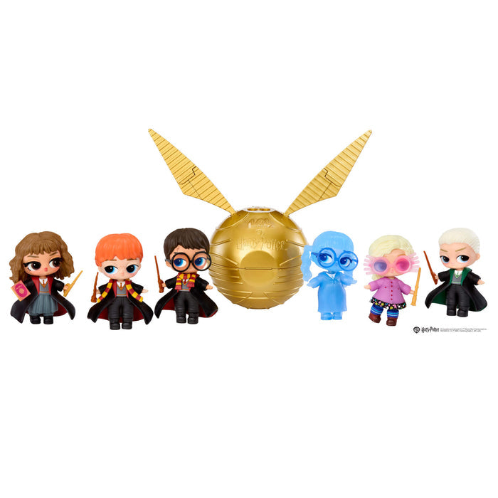 Six Harry Potter-themed figurines with a golden ball and wands on a white background