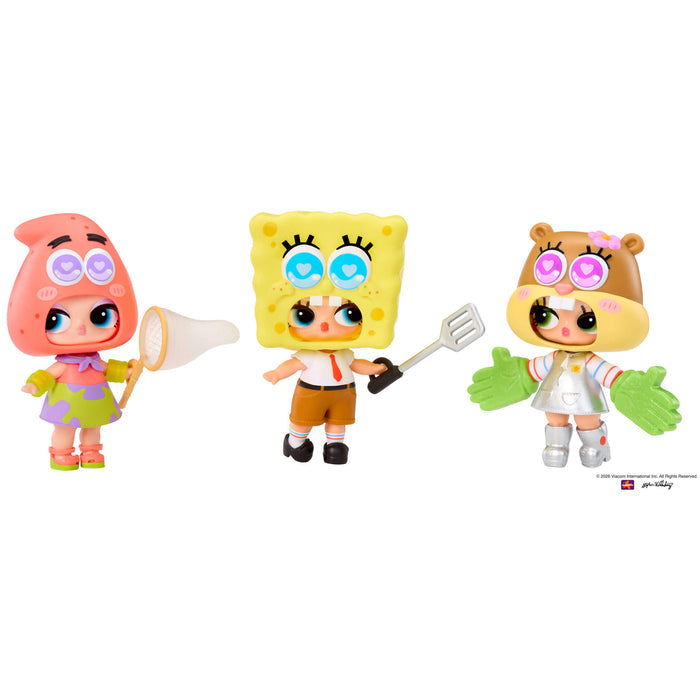 "Sandy" tot three ways:tot- holding a butterfly net, with a Sponge Bob head and with a squirrel head on a white background
