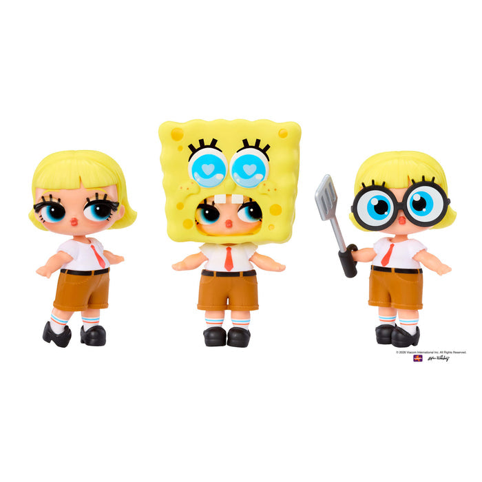 "Sandy" tot three ways: tot, with a Sponge Bob head and with funny glasses holding a spatula on a white background