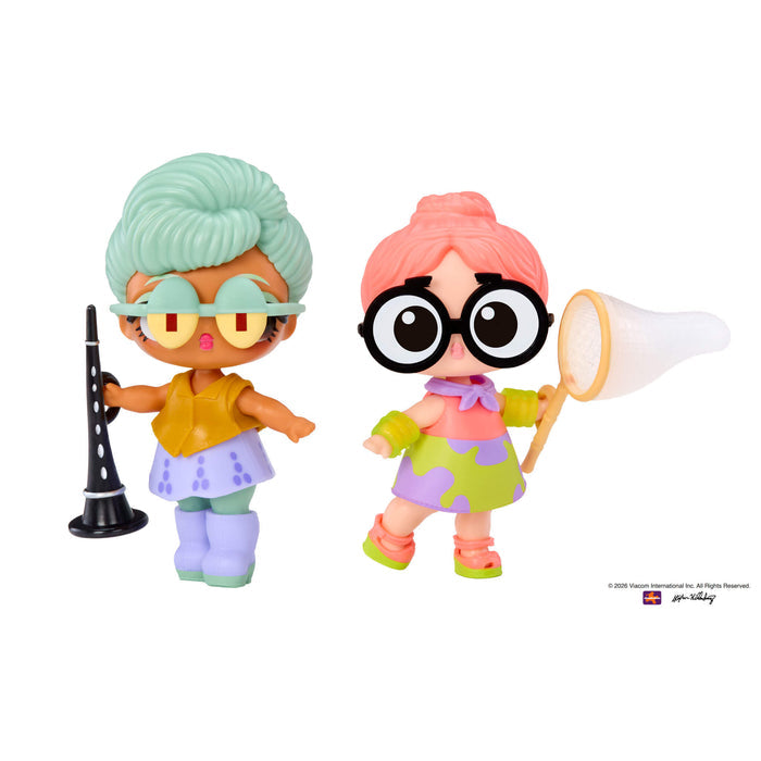 Tot with green hair holding a clarinet and tot with pink hair holding a butterfly net on a white background