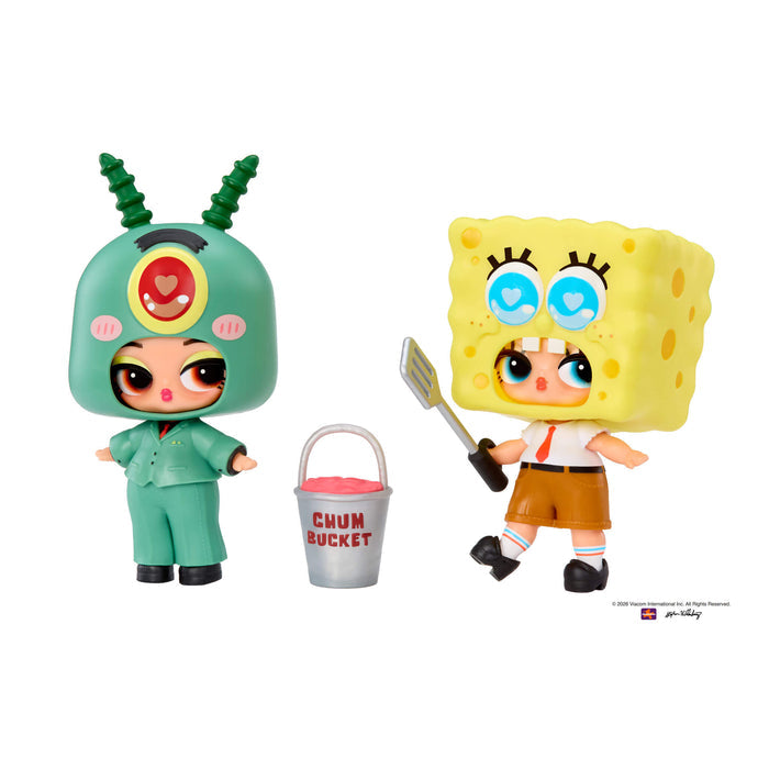 Tot with SpongeBob’s head next to tot with Plankton’s face on a white background.