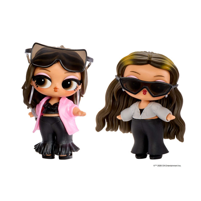 Two tots - one dressed in pink and black-one dressed in gray and black on a white background