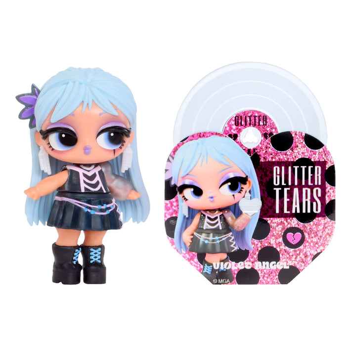 Small doll with light blue hair by a light blue record on a white background