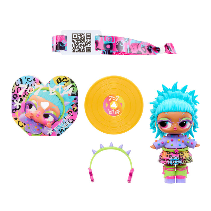 Doll with blue spiked hair, record and ear phones on a white background