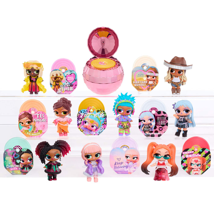 Eight colorful small dolls with records on a white background