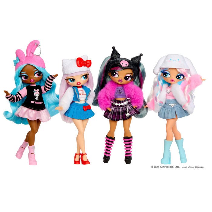 Four colorful dolls with unique hairstyles and outfits on a white background