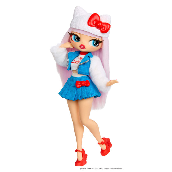 Toy doll with a blue outfit and red shoes on a white background