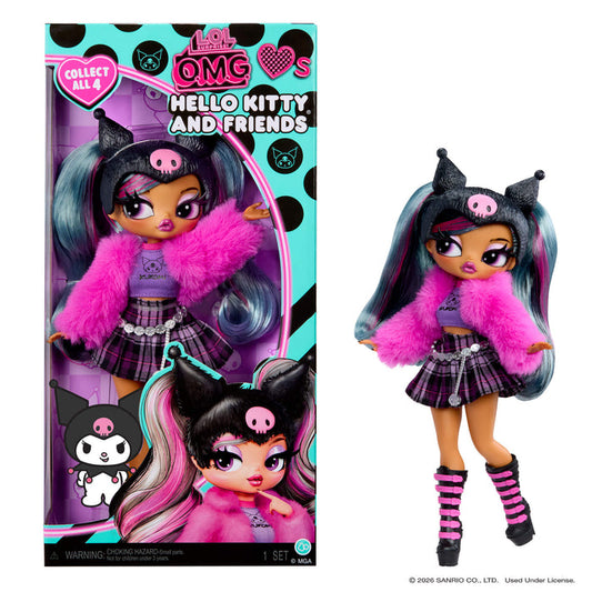 Hello Kitty and Friends toy doll Kuromi with pink fur and black hair next to packaging