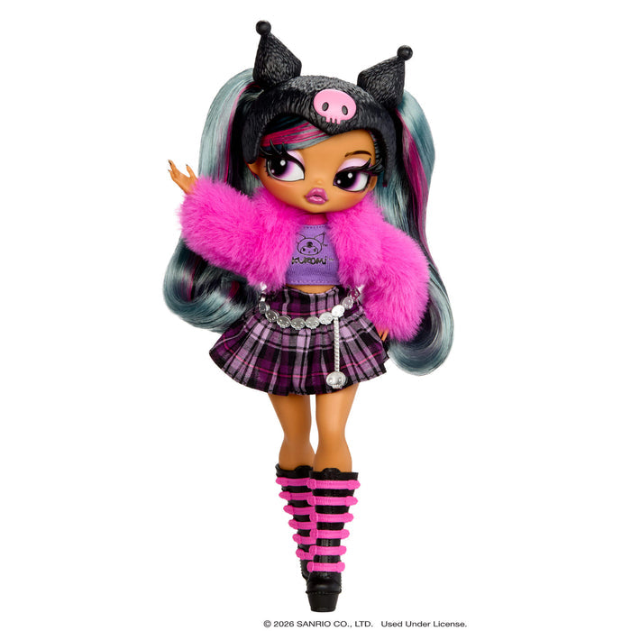 Doll with pink fur coat, plaid skirt, and black and pink striped shoes on a white background