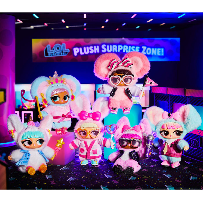 Group of six colorful LOL Surprise plush toys in front of a 'LOL Plush Surprise Zone' sign.