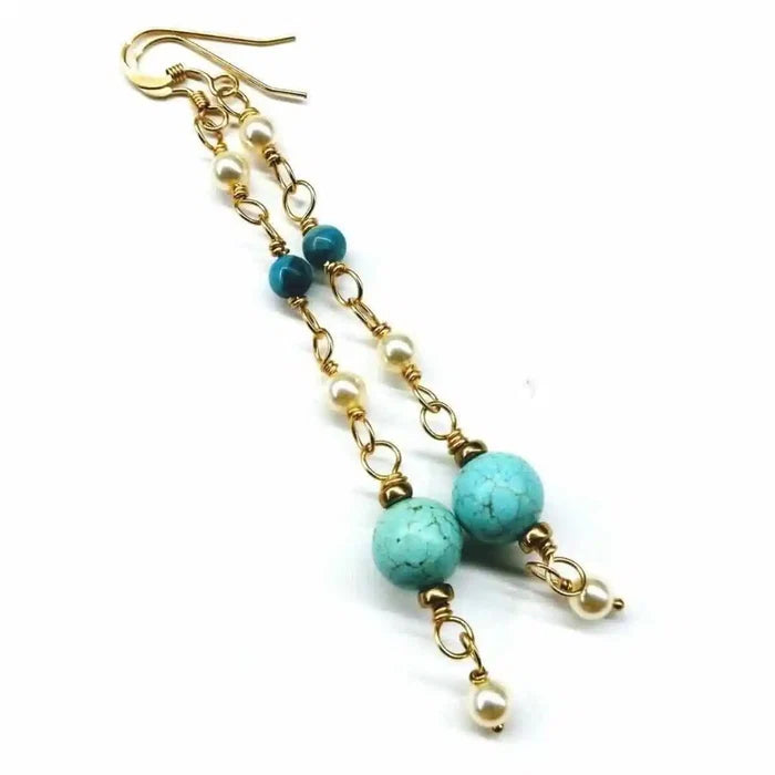Long 14 K Gold Filled Turquoise Pearl Earrings showcasing turquoise and pearl accents in elegant design.