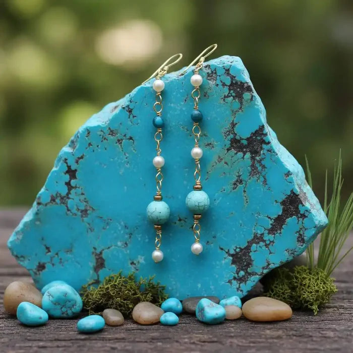 Long 14 K Gold Filled Turquoise Pearl Earrings displayed against a turquoise stone background.