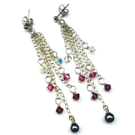 Long Sterling Silver Crystal Pearl Tassel Earrings with cascading chain and colorful beads for elegant style.