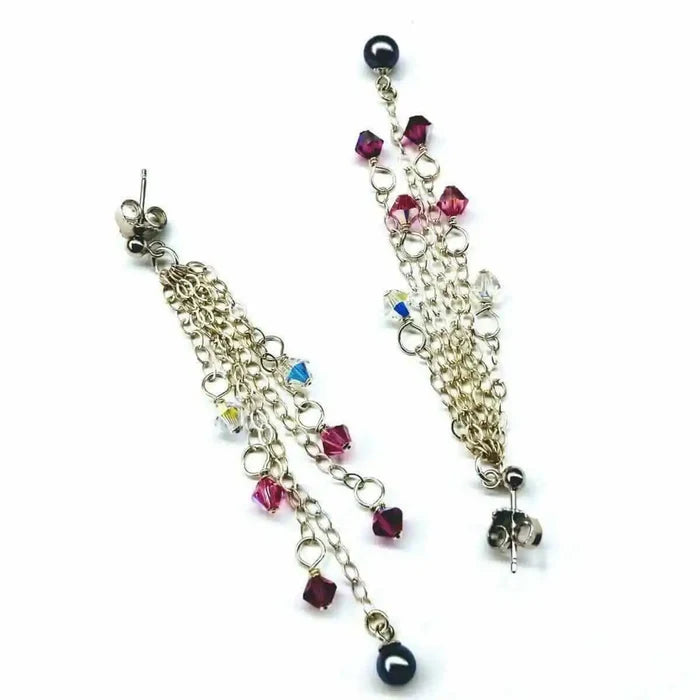 Long Sterling Silver Crystal Pearl Tassel Earrings with cascading chains and colorful crystals.