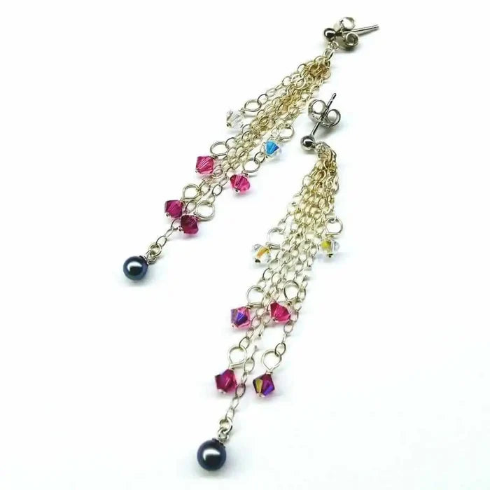 Long Sterling Silver Crystal Pearl Tassel Earrings featuring cascading chains and colorful beads.
