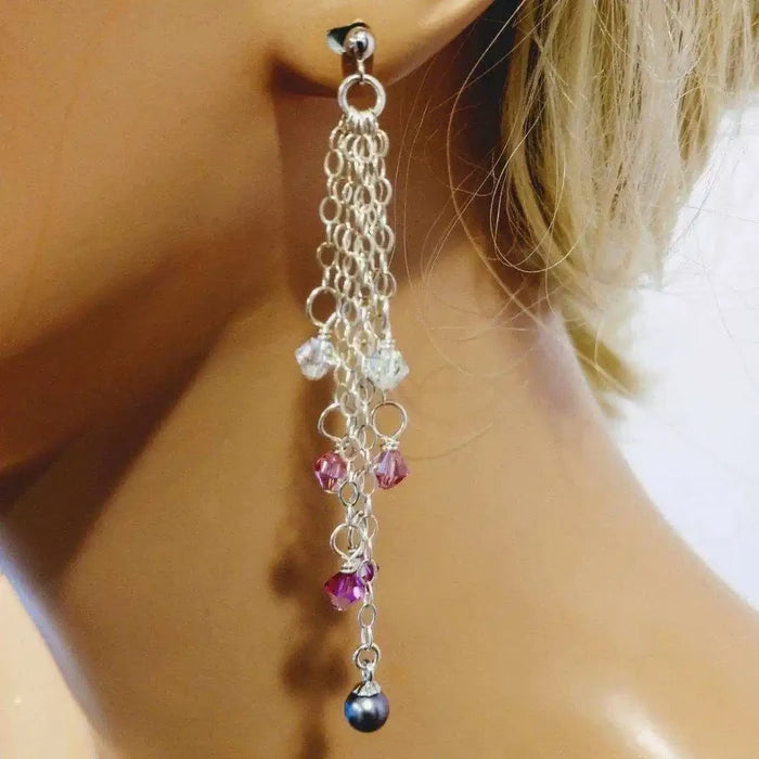 Long Sterling Silver Crystal Pearl Tassel Earrings featuring cascading chain with colorful crystals.