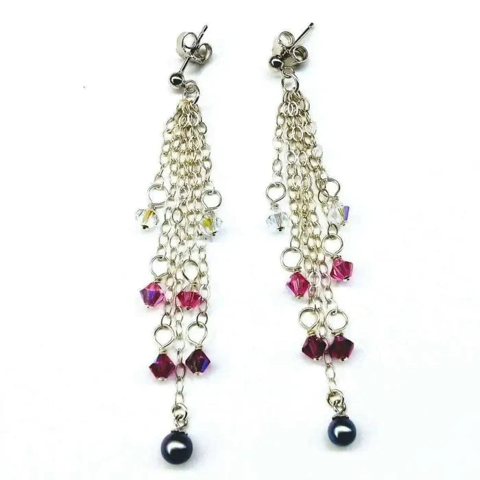 Long Sterling Silver Crystal Pearl Tassel Earrings featuring cascading tassels and colorful beads.