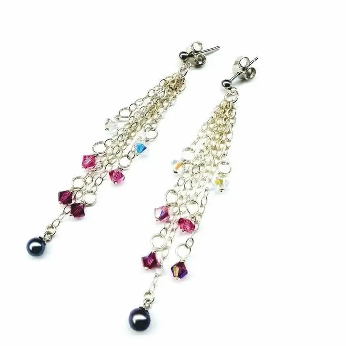 Long Sterling Silver Crystal Pearl Tassel Earrings featuring cascading chains and sparkling beads.