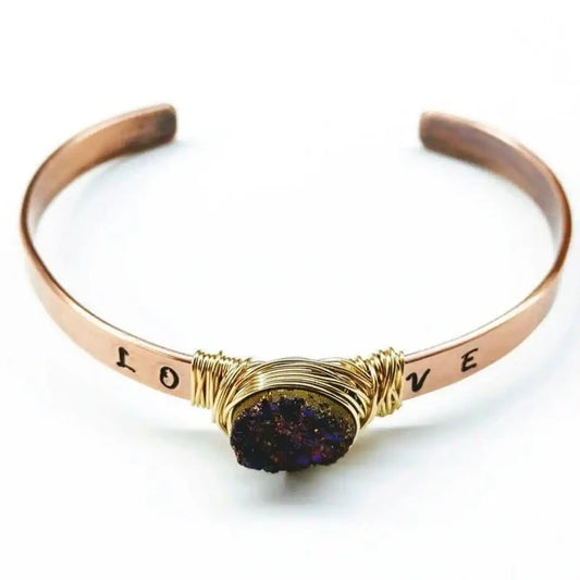 AMD1142LOVE Stamped Gold Wire Wrapped Purple Druzy Copper Cuff JewelryBracelet$ 64.00Alexa Martha Designs