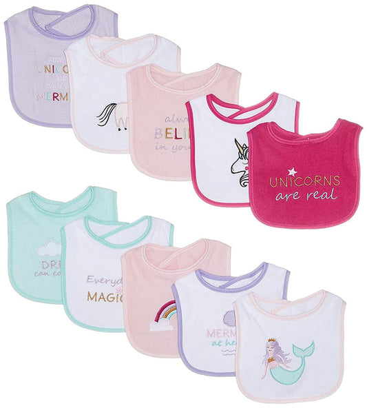 Luvable Friends Unisex Baby Cotton Drooler Bibs with Fiber Filling, Unicorns And Mermaids, One Size