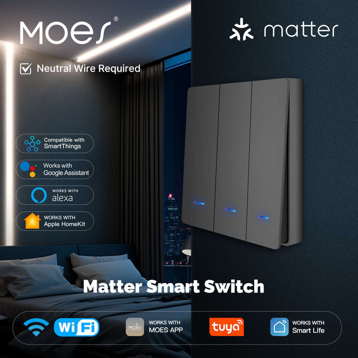 Matter WiFi Smart Push Button Light Switch App Control Neutral Wire Required EU Version