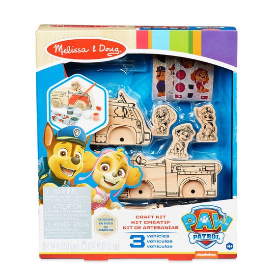 MELISSA & DOUG Paw Patrol Wooden Craft Kit Vehicles: Chase and his police car, Marshall and his fire engine, and Skye and her helicopter with paint and shiny foil stickers - 33266 ebuystt