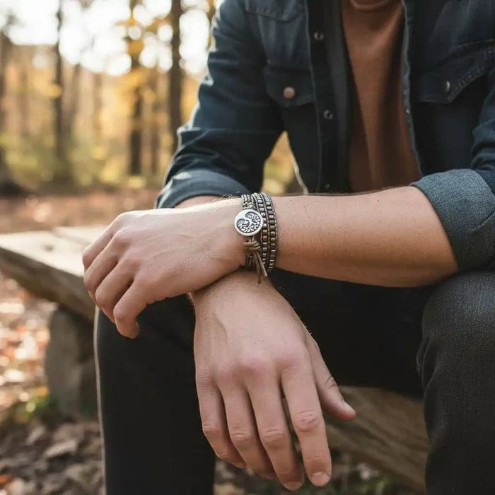 Men's Intricately Beaded Leather Tree of Life Bracelet worn on a man's wrist in a natural outdoor setting.