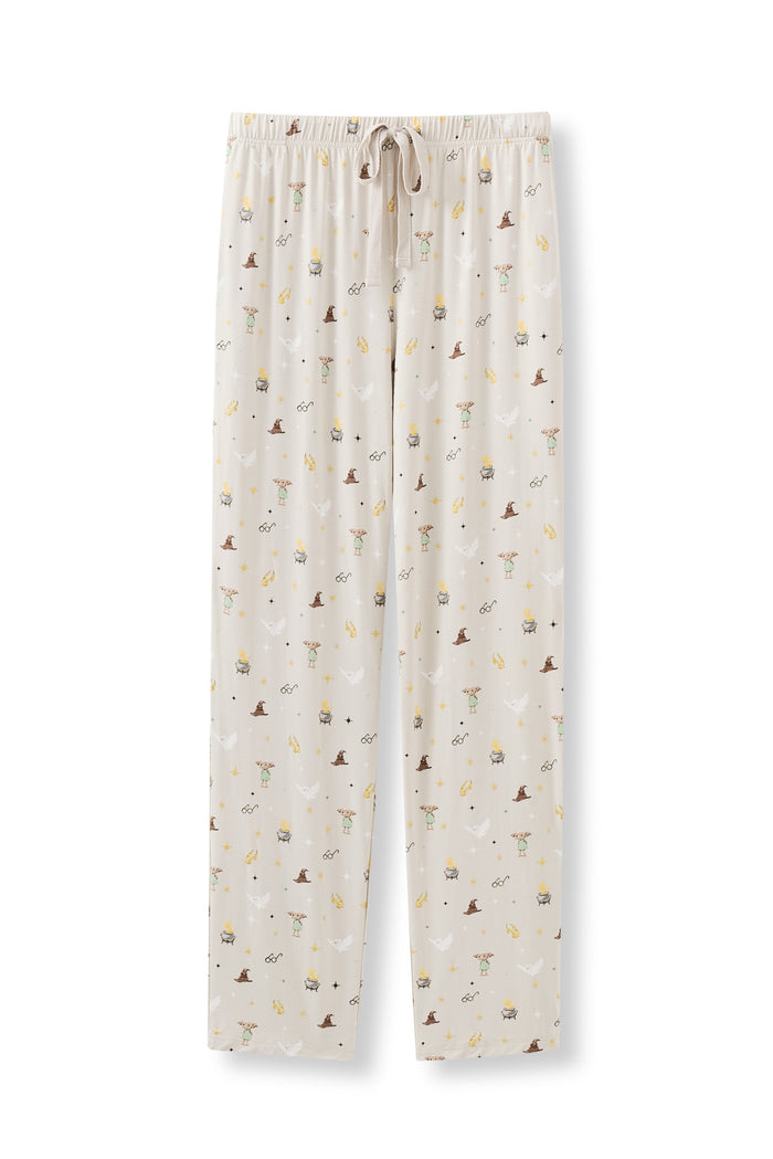 Beige men's lounge pants in Harry Potter pattern print on a white background