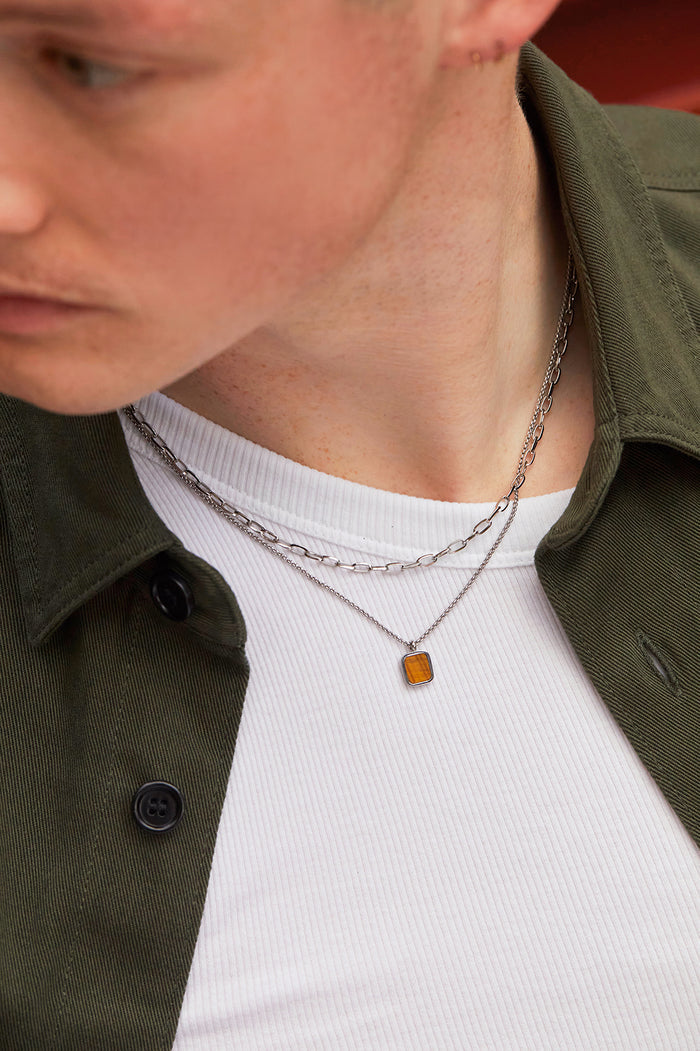 Men's Square Gemstone Pendant Necklace
