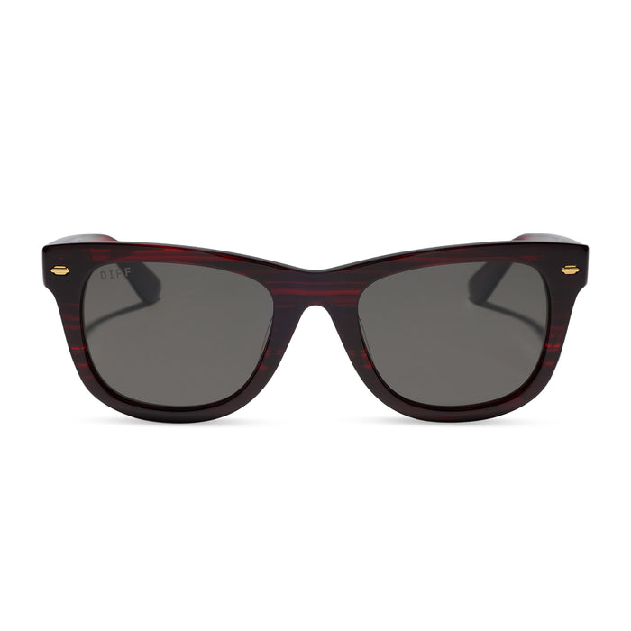 diff eyewear mercer square sunglasses with a redwood acetate frame and grey polarized lenses front view
