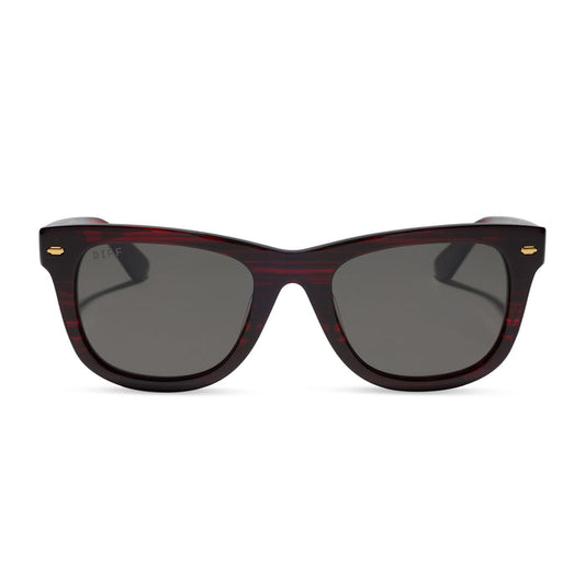 diff eyewear mercer square sunglasses with a redwood acetate frame and grey polarized lenses front view
