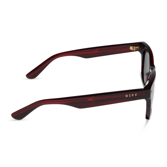 diff eyewear mercer square sunglasses with a redwood acetate frame and grey polarized lenses side view