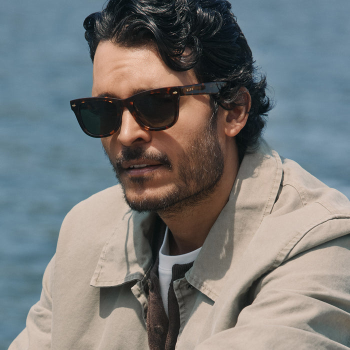 lifestyle - male wearing diff eyewear mercer square sunglasses with a rich tortoise acetate frame and g15 polarized lenses detailed view of temples