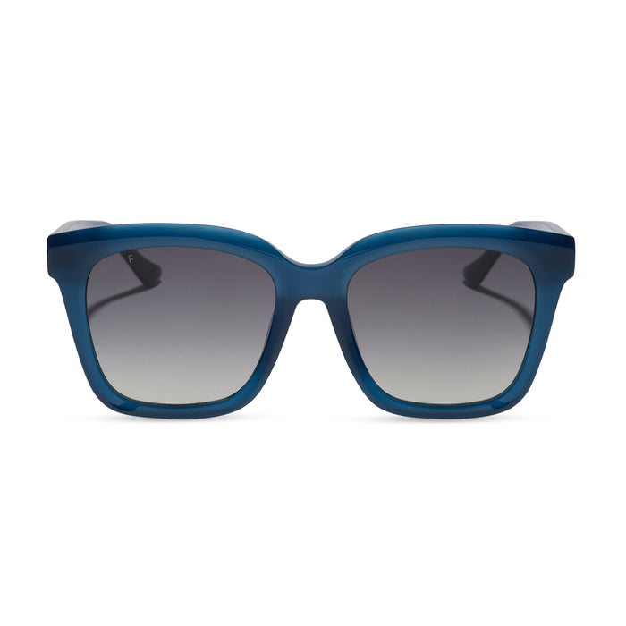 diff eyewear featuring the meredith square  oversized sunglasses with a clubhouse blue acetate frame and grey gradient polarized lenses front view