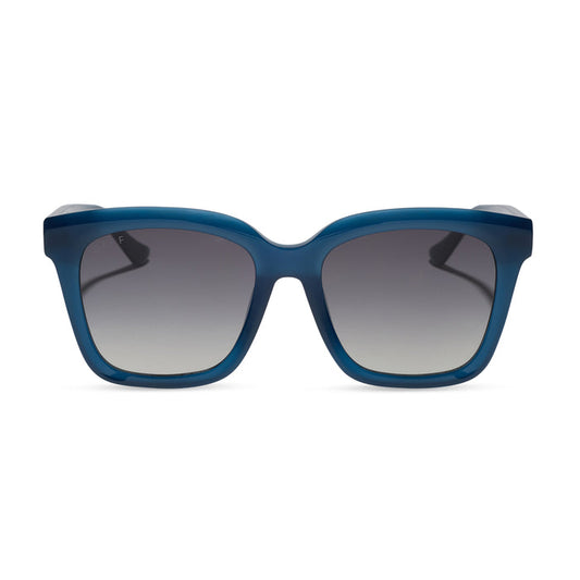 diff eyewear featuring the meredith square  oversized sunglasses with a clubhouse blue acetate frame and grey gradient polarized lenses front view