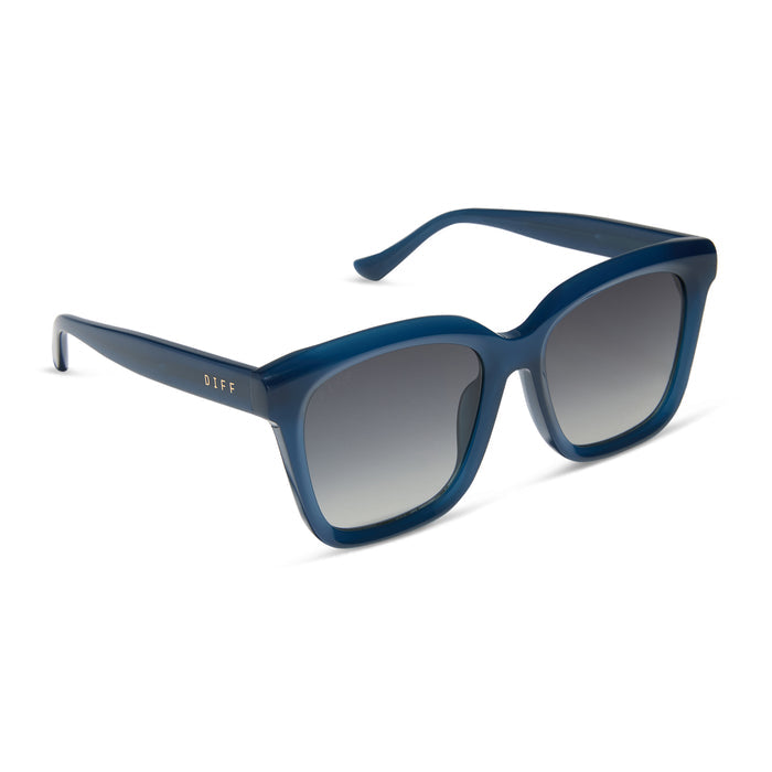 diff eyewear featuring the meredith square  oversized sunglasses with a clubhouse blue acetate frame and grey gradient polarized lenses angled view