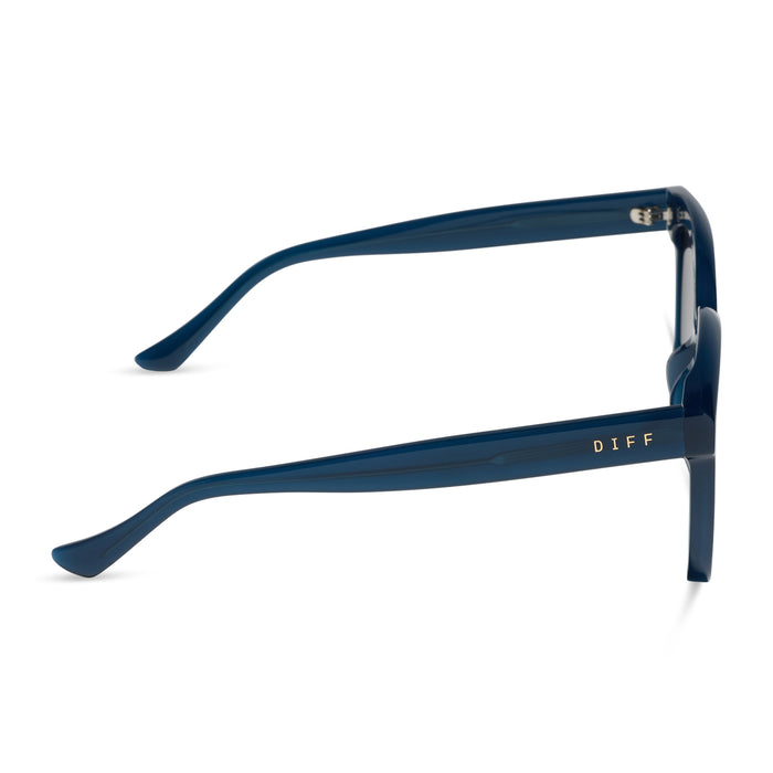 diff eyewear featuring the meredith square  oversized sunglasses with a clubhouse blue acetate frame and grey gradient polarized lenses side view