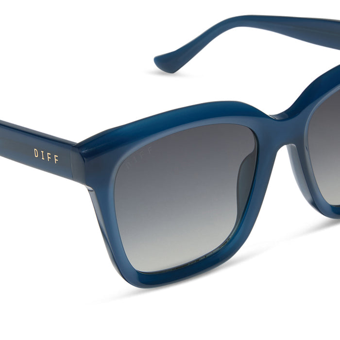 diff eyewear featuring the meredith square  oversized sunglasses with a clubhouse blue acetate frame and grey gradient polarized lenses detailed view