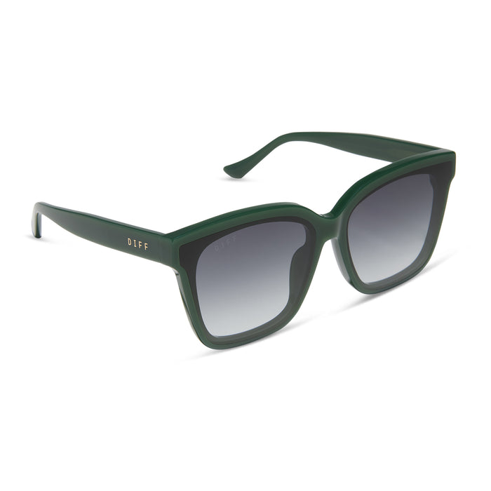 diff eyewear featuring the meredith ii square oversized sunglasses with a fairway green acetate frame and grey gradient lenses angled view