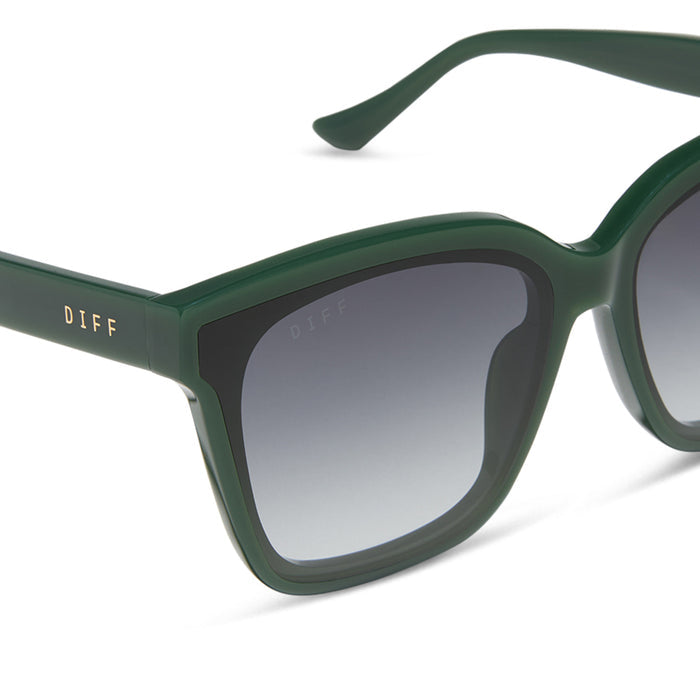 diff eyewear featuring the meredith ii square oversized sunglasses with a fairway green acetate frame and grey gradient lenses detailed view