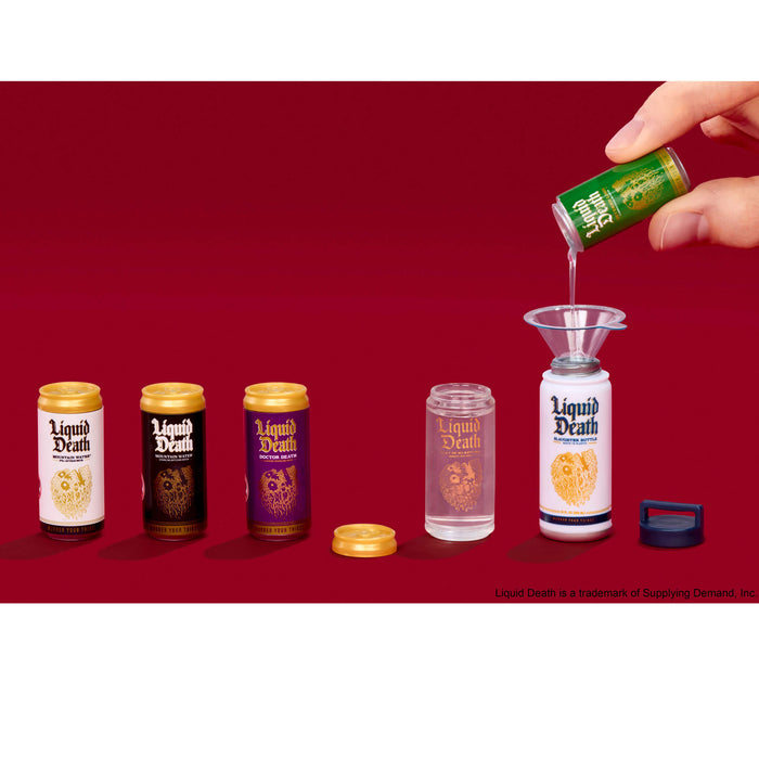 Liquid Death product line with a hand pouring liquid into a funnel against a red background