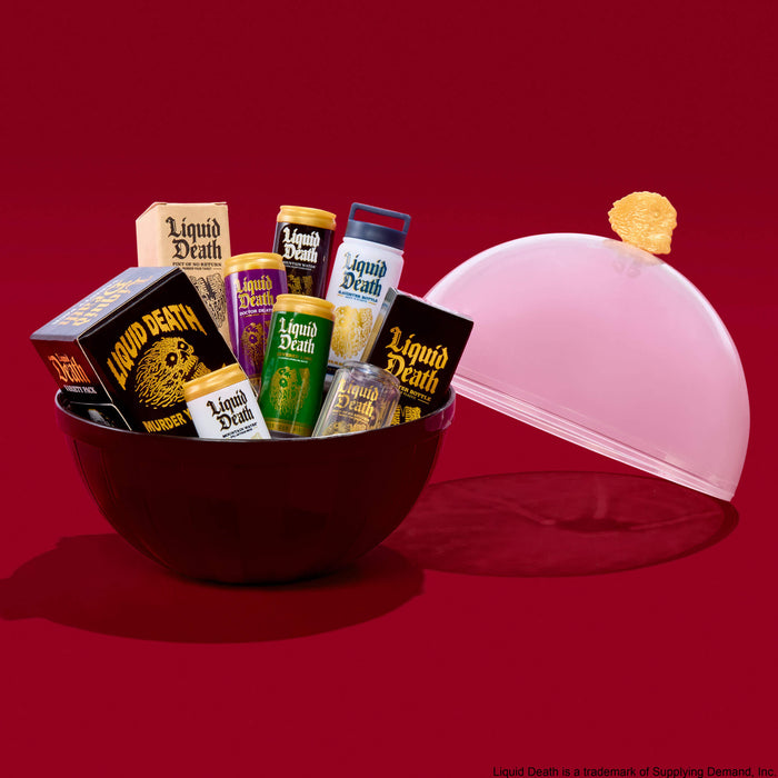 Assorted 'Liquid Death' products in a bowl with a lid on a red background