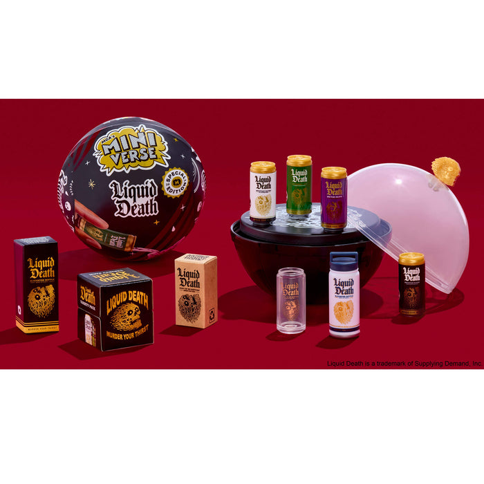 Collection of 'Liquid Death' products including bottles, boxes, and a balloon on a red background